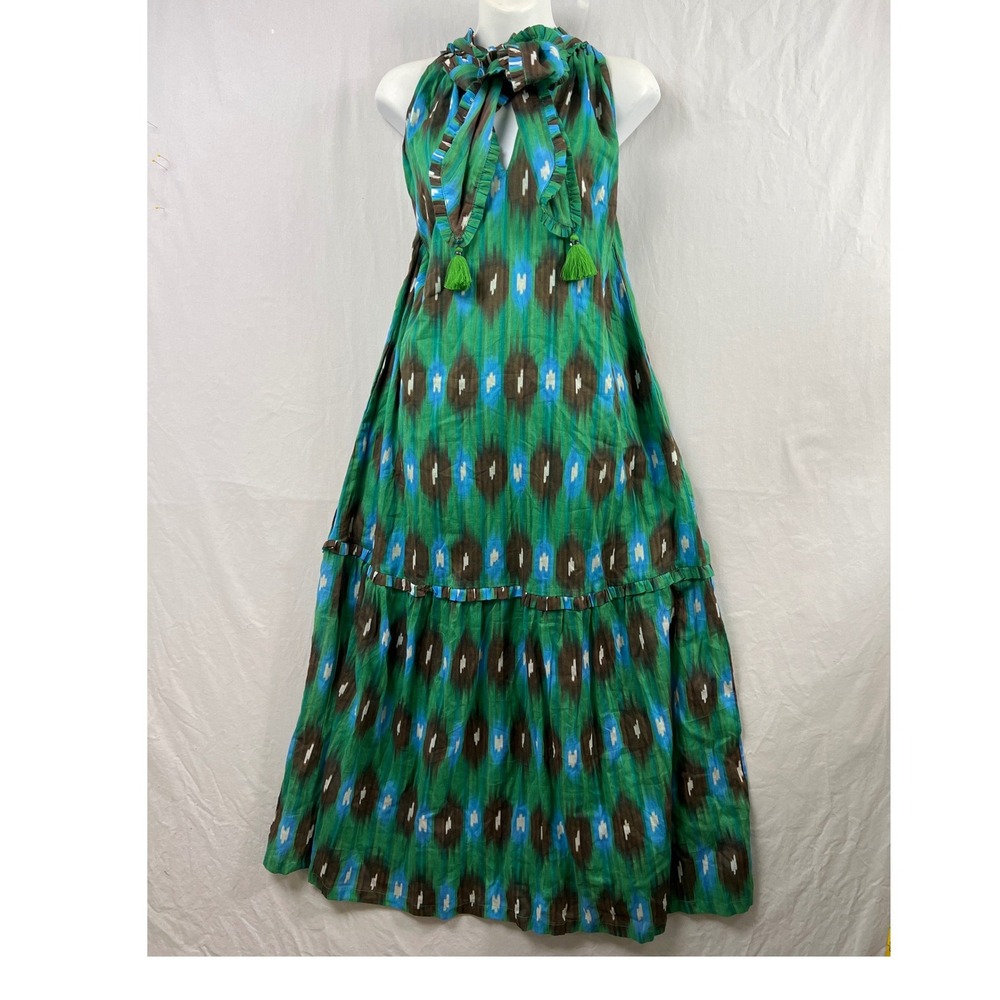 Bella Tu Maxi Dress Women Small Green Blue Ikat Tiered Ruffle Sequin Halter